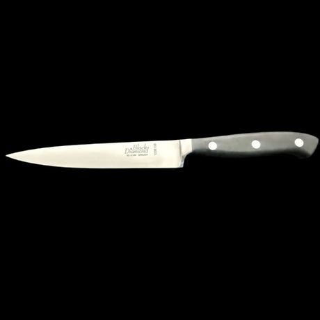 Kitchen slicer knife with stainless blade and black handle, three rivets