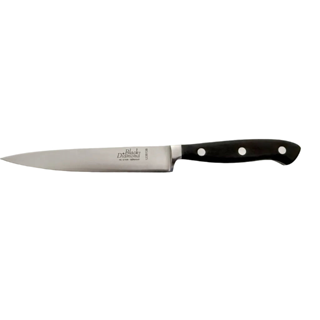 Kitchen slicer knife with stainless blade and black handle, three rivets