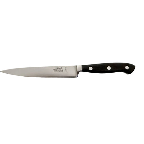 Kitchen slicer knife with stainless blade and black handle, three rivets