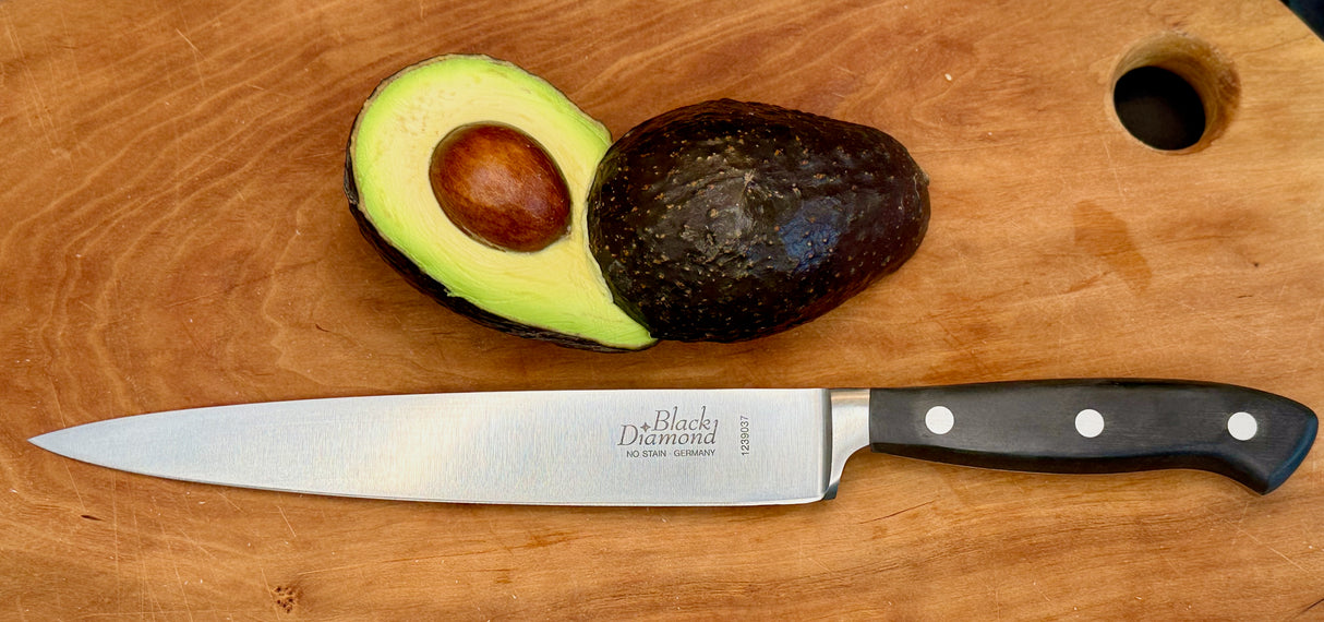 F.Dick Black Diamond slicer kitchen knife, black handle with three rivets and long steel