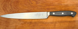 F.Dick Black Diamond slicer kitchen knife with silver blade and black handle, three rivets