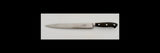 Kitchen slicer knife with stainless blade and black handle, white rivets detail