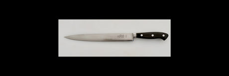 Kitchen slicer knife with stainless blade and black handle, white rivets detail