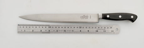 Kitchen slicer knife, stainless blade with black handle and white rivets