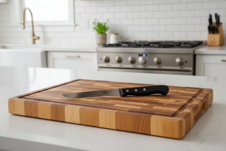 Knife set on a wooden cutting board with black handles and satin blades