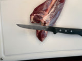 Stiff boning knife with black handle, rivet holes, straight steel blade