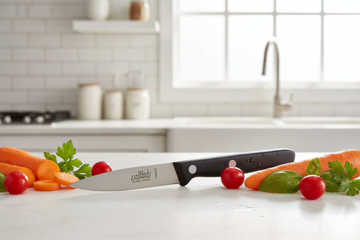 Chef knife with black handle and satin blade on a countertop with produce