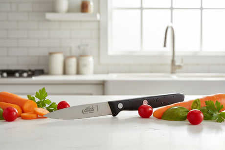 Chef knife with black handle and satin blade on a countertop with produce