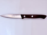 Paring knife with dark brown handle and polished steel blade