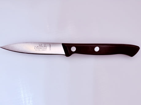 Paring knife with dark brown handle and polished steel blade