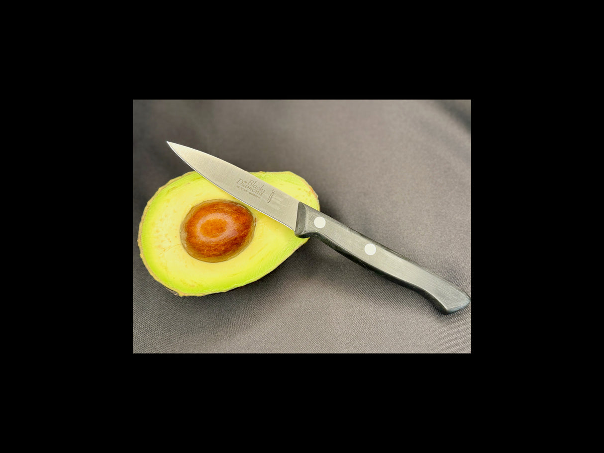 Paring knife with dark handle and two white rivets, pointed steel blade