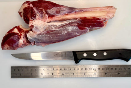 F.Dick boning knife with black handle and steel blade, next to raw meat and ruler