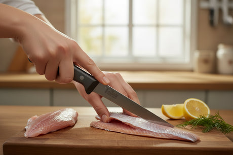 F.Dick boning knife with black handle held by hand over raw chicken on wood board