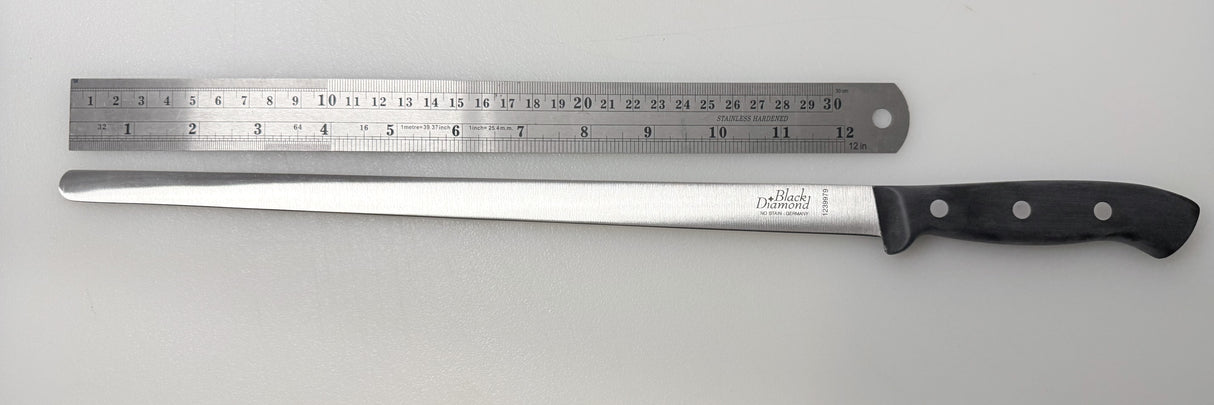 Carving slicer knife with black handle and long, narrow steel blade