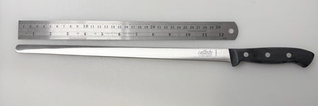 Carving slicer knife with black handle and long, narrow steel blade