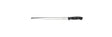 Carving slicer knife with dark handle and narrow steel blade, side view