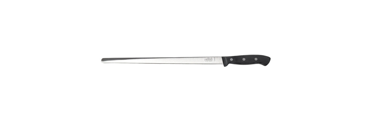 Carving slicer knife with dark handle and narrow steel blade, side view