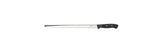Carving slicer knife with dark handle and narrow steel blade, side view