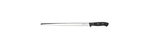 Carving slicer knife with dark handle and narrow steel blade, side view