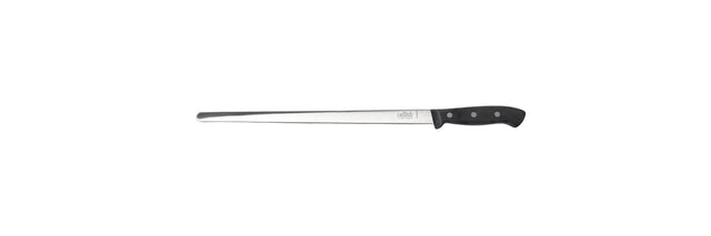 Carving slicer knife with dark handle and narrow steel blade, side view