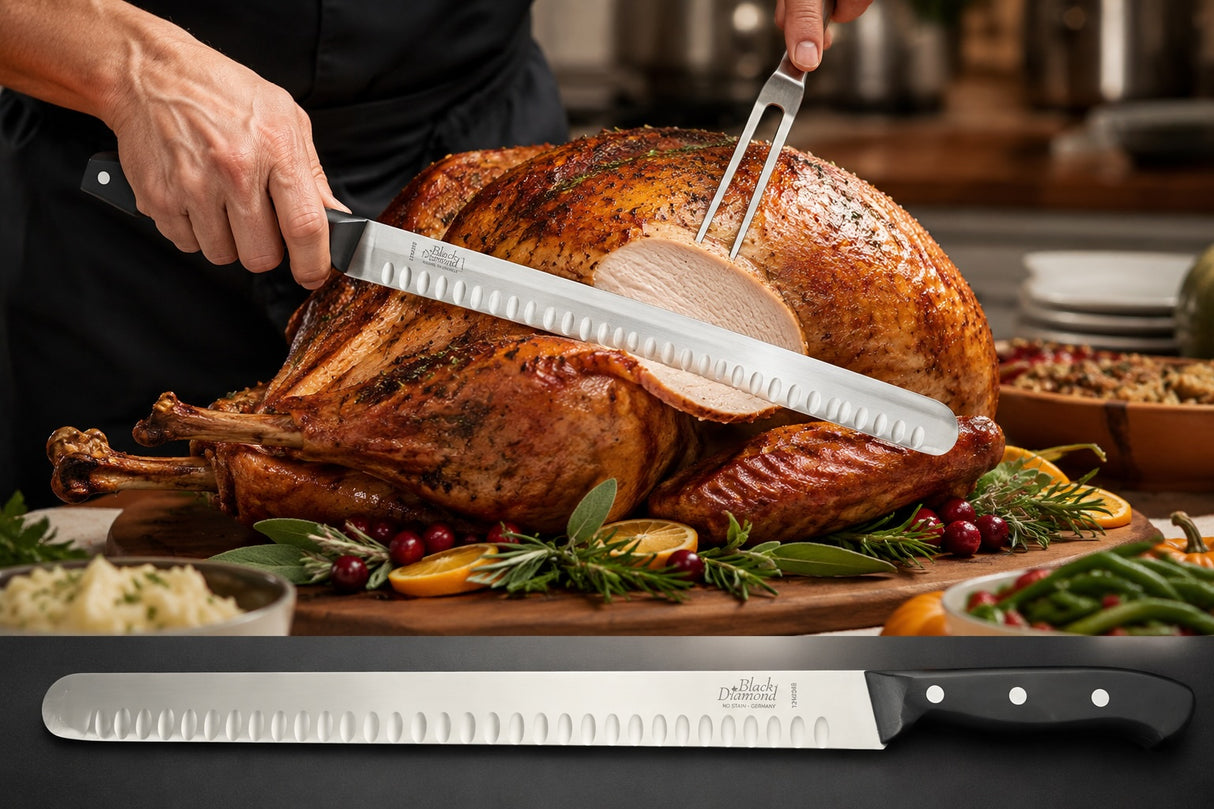 Carving slicer knife slicing roasted poultry, serrated steel blade and black handle