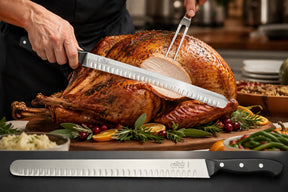 Carving slicer knife slicing roasted poultry, serrated steel blade and black handle
