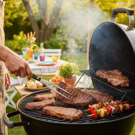 Kitchen fork with dark handle held over a grill with roasted food
