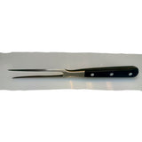 Forged meat fork with dark handle and three rivets, straight two-tine fork head