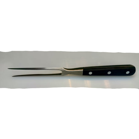 Forged meat fork with dark handle and three rivets, straight two-tine fork head