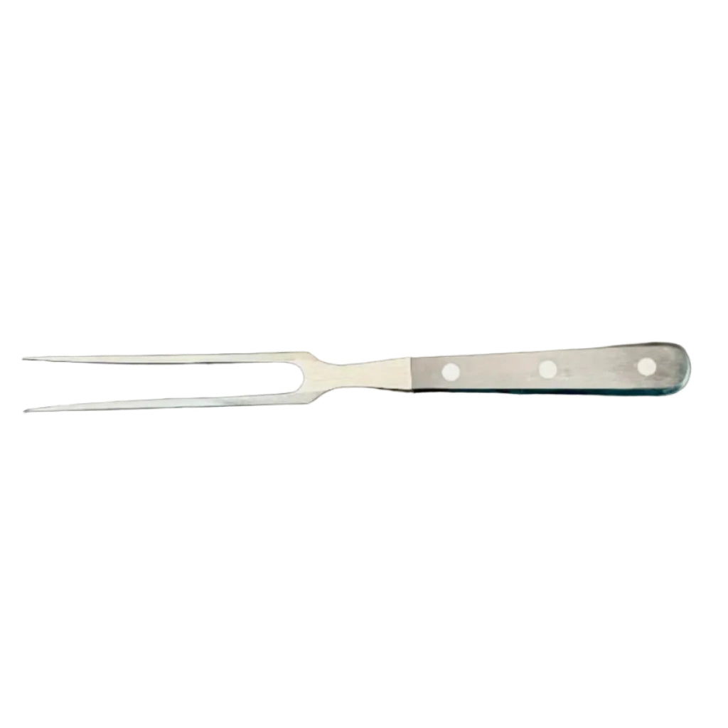 Forged meat fork with two tines and black handle, three rivets along the grip