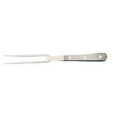 Forged meat fork with two tines and black handle, three rivets along the grip