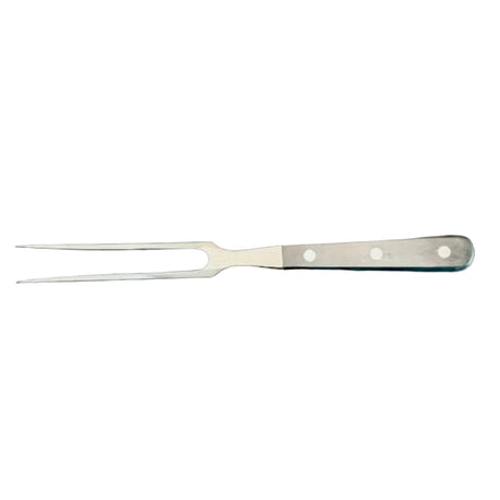 Forged meat fork with two tines and black handle, three rivets along the grip