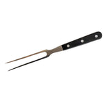 Forged meat fork with black handle, two-prong tip, three white rivets on handle