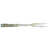 Forged carving fork with brass-colored handle and two-prong carving tines