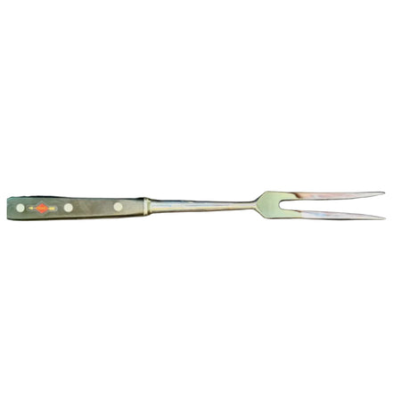 Forged carving fork with brass-colored handle and two-prong carving tines