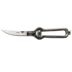 Poultry shears with pointed stainless blade, spring hinge, and loop grips