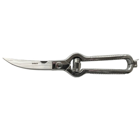 Poultry shears with pointed stainless blade, spring hinge, and loop grips