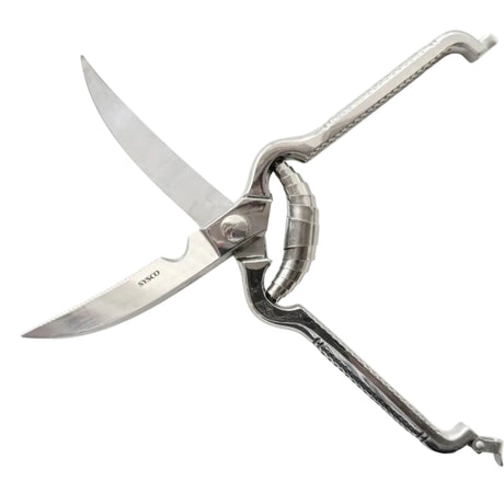 Poultry shears with scissor-style stainless blades and textured metal finger loop