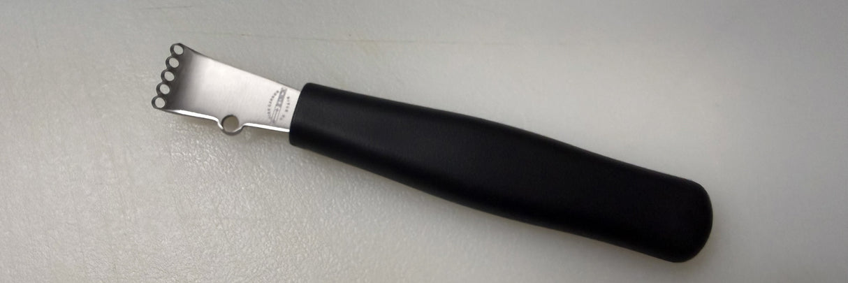 Channel knife zester with black handle, silver blade, and loop end