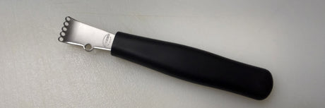 Channel knife zester with black handle, silver blade, and loop end