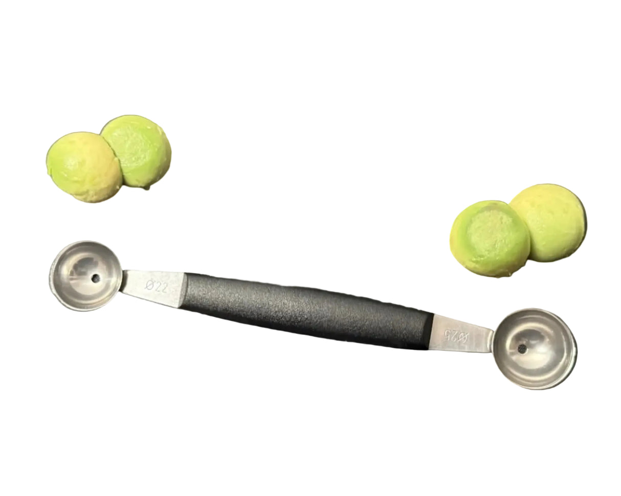 Double-sided melon baller with two stainless steel scoops and black handle