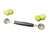 Double-sided melon baller with two stainless steel scoops and black handle