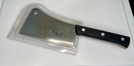 F.DICK Black Diamond 7 in kitchen cleaver, black handle, shown beside clear blade sheath