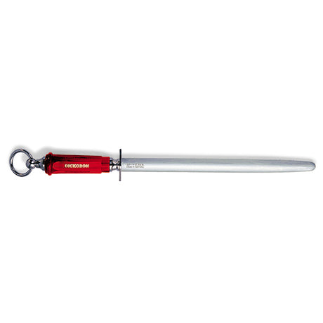 DICKORON knife with oval red handle, silver blade, and key ring attachment
