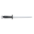 12-inch sharpening steel with black handle, round regular cut steel rod and hanging loop