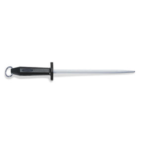 12-inch sharpening steel with black handle, round regular cut steel rod and hanging loop