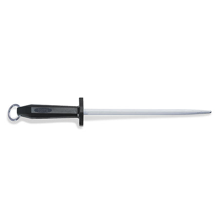 12-inch sharpening steel with black handle, round regular cut steel rod and hanging loop