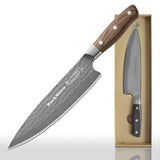 DarkNitro 8.5 in chef knife with oak handle, shown with packaging box