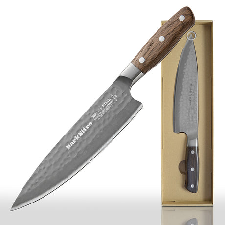 DarkNitro 8.5 in chef knife with oak handle, shown with packaging box