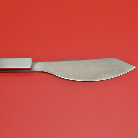 Stainless steel steak knife with smooth, curved cutting edge and full tang